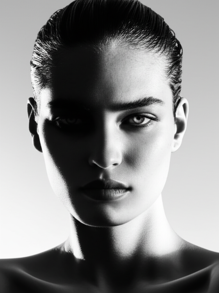 High fashion editorial black and white portrait showcasing JC Models' artistic vision and talent representation
