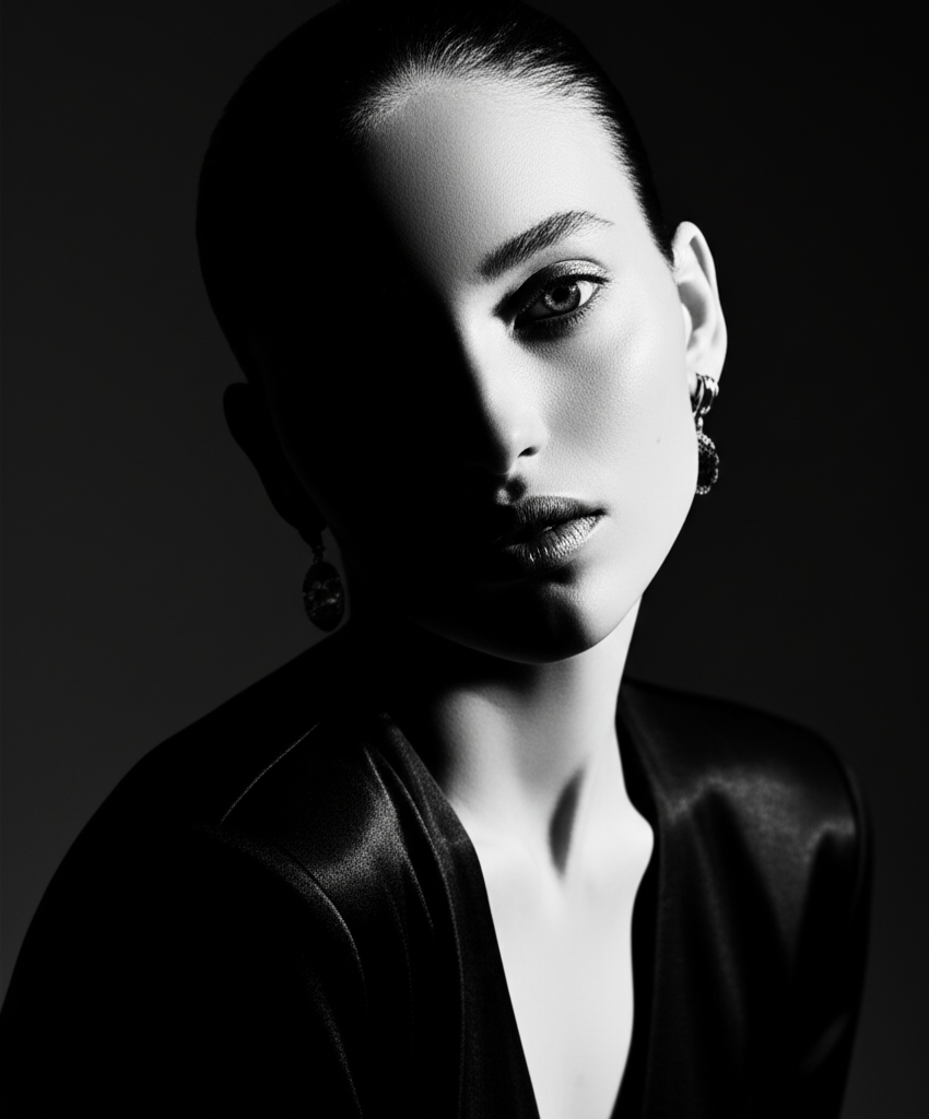 High fashion editorial black and white model portrait with dramatic lighting showcasing JC Models talent